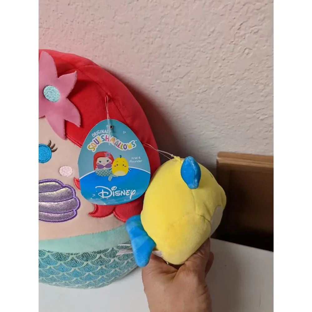 Disney Squishmallow Little Mermaid Ariel & Flounder 10” & 4” plush Pair NWT